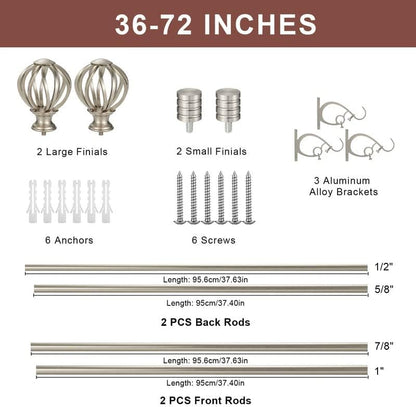 Double Curtain Rods for Window 36-72", Brushed Nickel Double Curtain Rods with Round Cage & Barrel Finials, Adjustable Double Rod Curtain Rod, 1-Inch Front and 5/8 Inch Back Double Drapery Rod