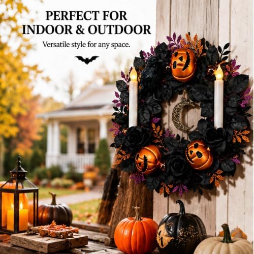 18'' Halloween Wreath with Lights, Black Roses, Crow, Pumpkin