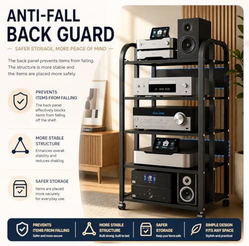 5 tier av media stand with wheels, 39in, side view