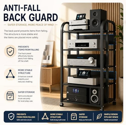5 tier av media stand with wheels, 39in, side view