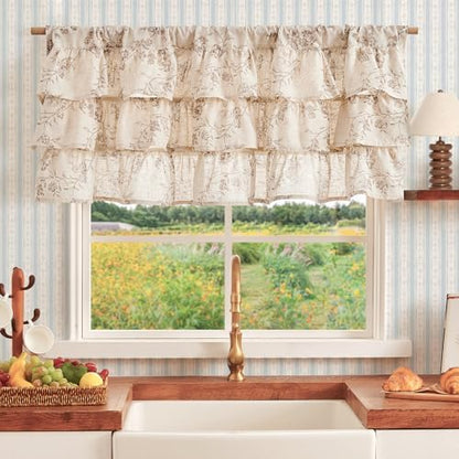 jinchan Alisa Ruffled Floral Valance Curtain 18 Inch 1 Panel Taupe on Linen | Linen blend, light filtering, rod pocket, shabby chic, farmhouse rustic, window treatment for kitchen bedroom living room