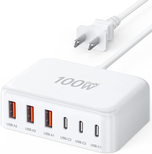 USB C Fast Charger, 100W GaN 6 Port Type USB C Charging Station Hub Block Cube by BREEKET