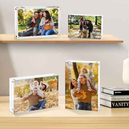 AMEITECH 4x6 Acrylic Picture Frame 5 Pack, Frameless Clear Photo Frames | Double Sided Floating Magnetic Frames, 20mm Thick, Free Standing Desktop Display for Postcards, Pictures and Artworks