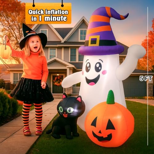 5FT Cute Halloween Inflatables Ghost, Blow Up Wizard Ghost with Pumpkin Black...