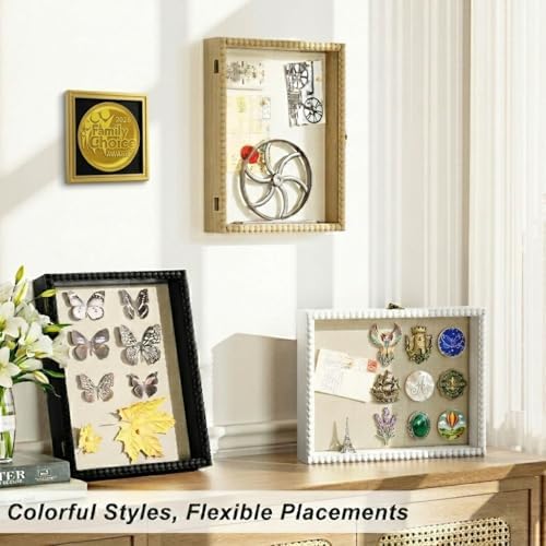 Love-KANKEI Deep Shadow Box Frame 11x14,Unique Solid Wood Beads Frame,White | Front-Opening Glass Door，Metal Latch-Lock,Assembly-Free,Tabletop & Wall-Mount,Memory Box,Gift,Display Photos,Awards,Medals