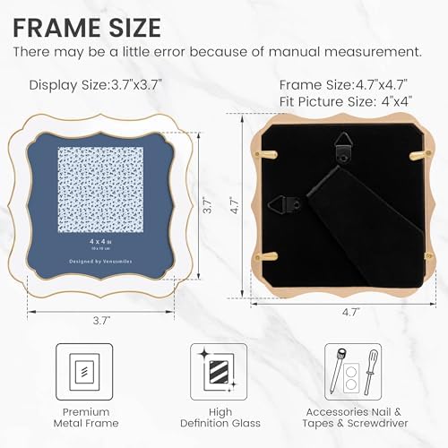 4x4 Picture Frame, Gold Wavy Cloud Border, White Enamel, 1pc | Premium Zinc Alloy Square Frame with Real Glass & Easel, Wall & Tabletop Display for Elegant Home Office Photo Gallery