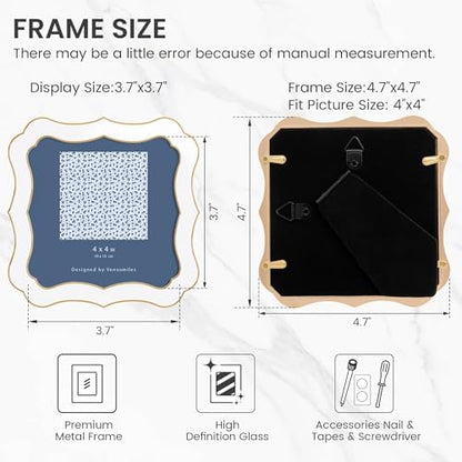 4x4 Picture Frame, Gold Wavy Cloud Border, White Enamel, 1pc | Premium Zinc Alloy Square Frame with Real Glass & Easel, Wall & Tabletop Display for Elegant Home Office Photo Gallery
