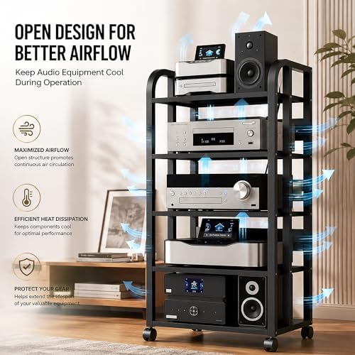5 tier av media stand with wheels, 39in, close-up detail