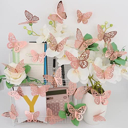 36 Pcs Butterfly Wall Decor, 3 Styles 3 Sizes 3D Rose Gold Butterfly, Wedding & Birthday Party Decorations, Girls Bedroom Decoration