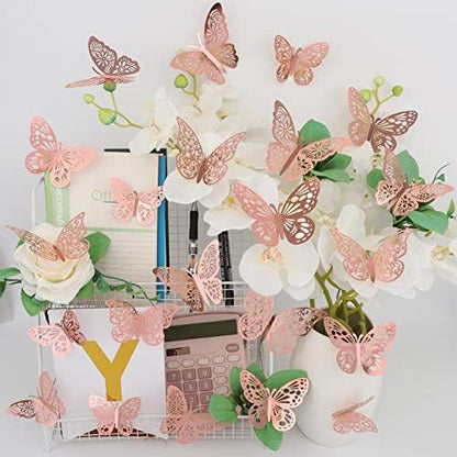 36 Pcs Butterfly Wall Decor, 3 Styles 3 Sizes 3D Rose Gold Butterfly, Wedding & Birthday Party Decorations, Girls Bedroom Decoration