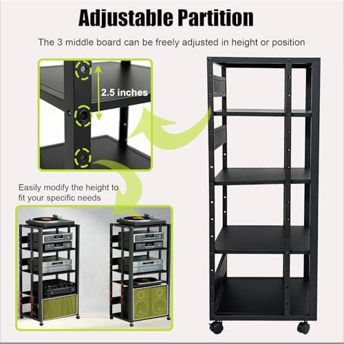5-tier av media stand with wheels, 43" audio, side view