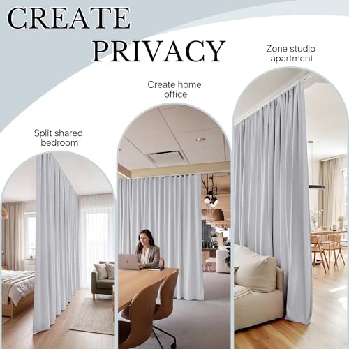 RYB HOME Room Divider Curtain with Flexible Track Wall/Ceiling Mount | Drape for Sliding Door/Living Room/Bedroom/Blackout, Floor to Ceiling with Hooks, Greyish White, W100 x L108, 1 Panel