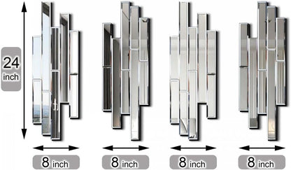 Artisan Set of 4 Silver Beveled Wall Decor Mirrors - 24x8 Inch Each, Creative Combination Design for Modern & Farmhouse Home Decor, Shatter-Resistant Glass with Wood Backing