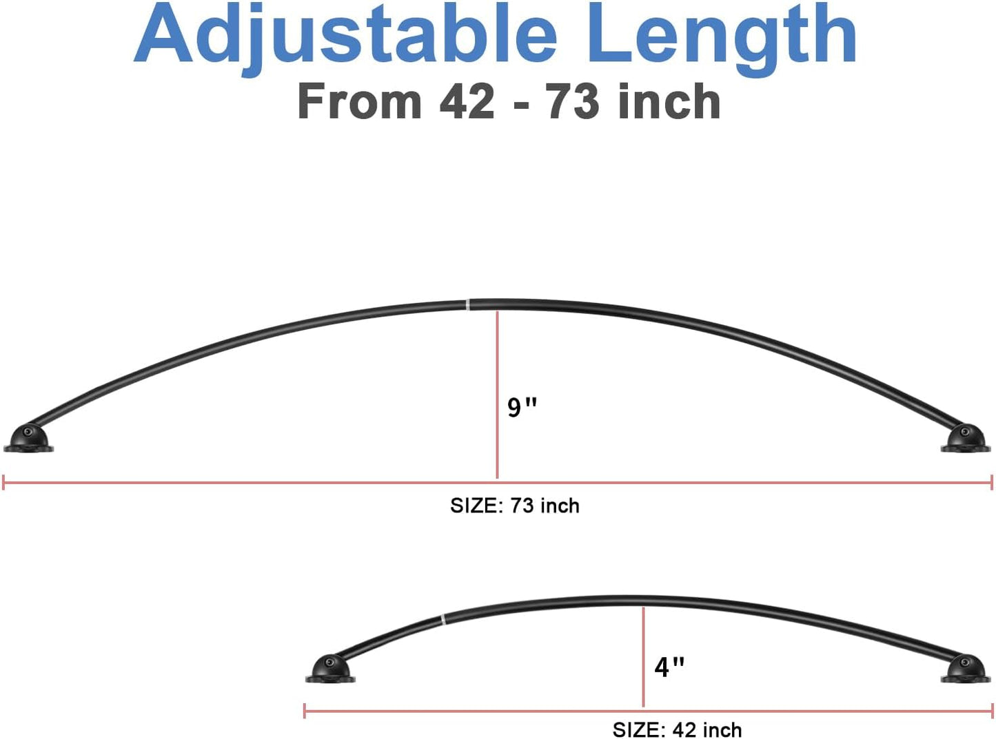 Curved Shower Curtain Rod, TENOVEL Round 42-73 Inches Shower Rods for Bathroom Adjustable, Rounded Bowed Stainless Steel Shower Rods Customized for for Bathtub, Stall, Need to Drill-Matte Black