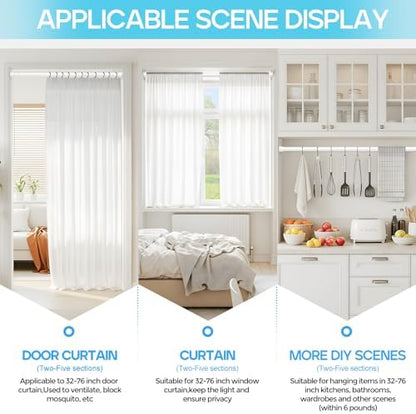 Spring Tension Curtain Rod 32-76 inch, White | Adjustable Expandable Tension Curtain Rod No Drilling, Tension rods for Window Doorway Kitchen Curtain