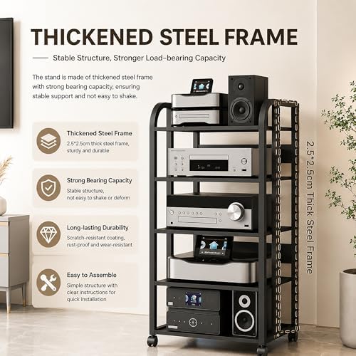 5 tier av media stand with wheels, 39in on a desk or shelf