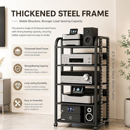 5 tier av media stand with wheels, 39in on a desk or shelf