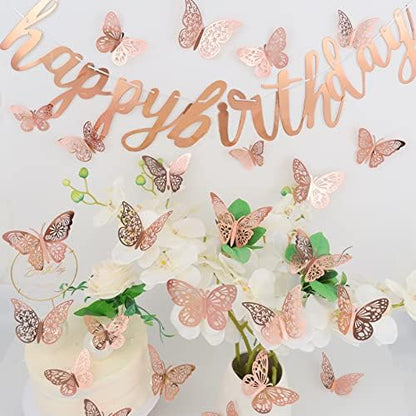 36 Pcs Butterfly Wall Decor, 3 Styles 3 Sizes 3D Rose Gold Butterfly, Wedding & Birthday Party Decorations, Girls Bedroom Decoration