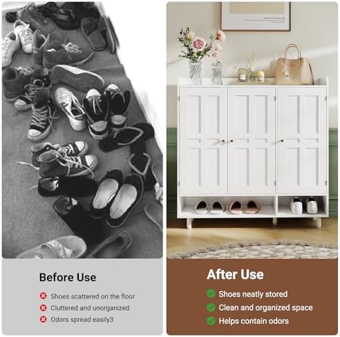 shoe cabinet with 3 doors and adjustable shelves on a desk or shelf
