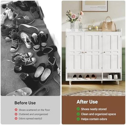 shoe cabinet with 3 doors and adjustable shelves on a desk or shelf
