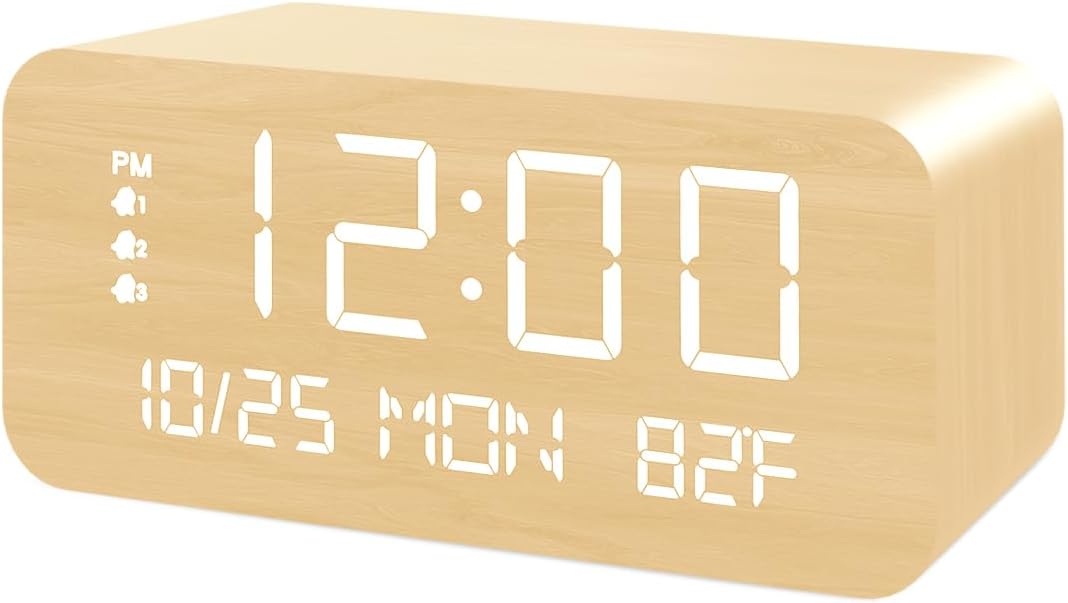 Digital Alarm Clock, with Wooden Electronic LED Time Display, 3 Alarm Settings - Image 2