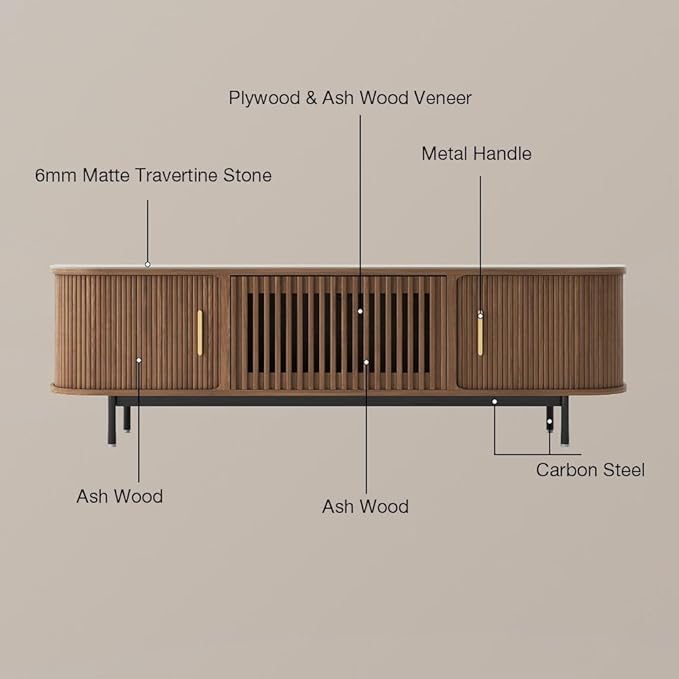 POVISON Fully-Assembled Sliding Tambour Door TV Stand, Mid Century Modern - Image 6