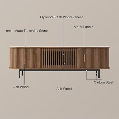 POVISON Fully-Assembled Sliding Tambour Door TV Stand, Mid Century Modern - Image 6