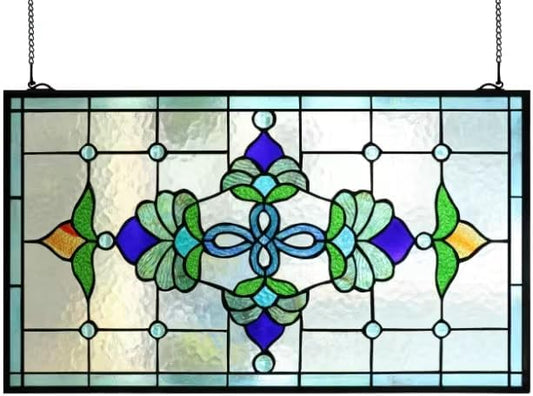 Yogoart Extra Large 32 Inch Horizontal Victorian Stained Glass Window Panels Hanging Transom Window Panels 20 Inch Height