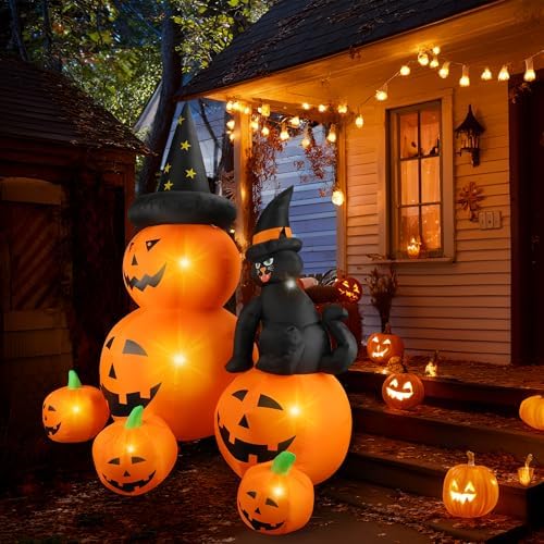 6Ft Halloween Inflatable Decorations Pumpkins Patch Lanterns with Black Cat w...
