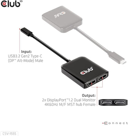 Club 3D CSV-1555 USB3.2 Gen2 Type-C to DisplayPort Dual Monitor 4K60Hz M/F MST - Image 7