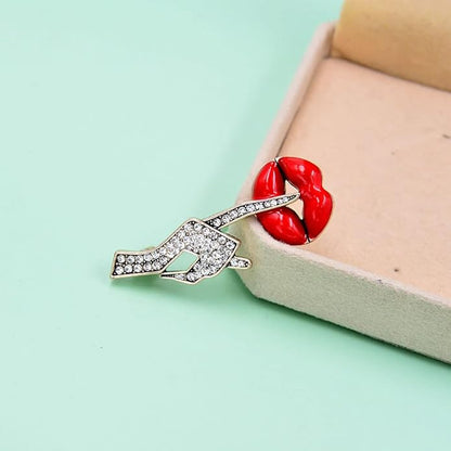 Sexy Red Lips Brooch Rhinestone Quiet Gestures Statement Brooches Lapel Pins - Image 4
