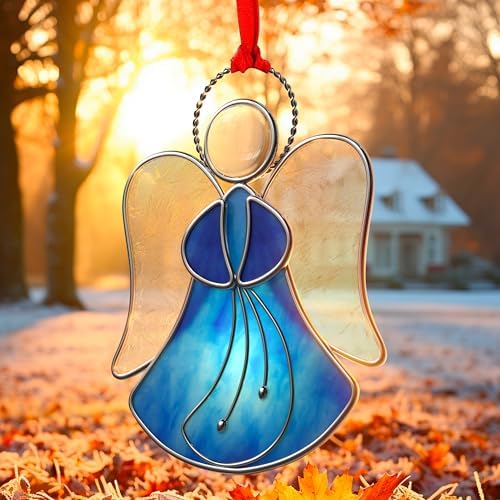 Blue Angel Stained Glass Sun Catcher for Windows Hangings | Personalized Sun Catchers Ornamen,Glass & Metal,Gifts for Mom Grandma Friend Teacher Birthday Christmas Holiday Decor
