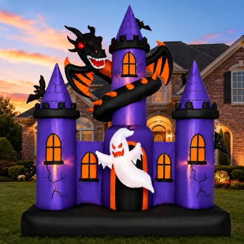 9 FT Giant Halloween Inflatable Haunted Castle with Dragon and Ghost