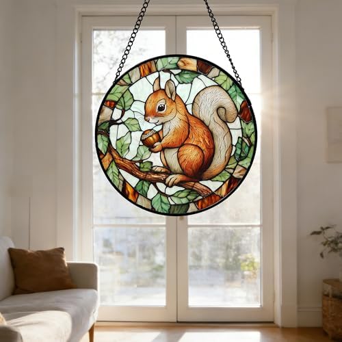 DASTOLL Stained Glass Window Hanging, Squirrel on a Branch Suncatcher Diamond Glass Panel Animal Sun Catchers Decor for Birthday for Women, Men, Wife, Aunt, and Mom 14.9x14.9 in