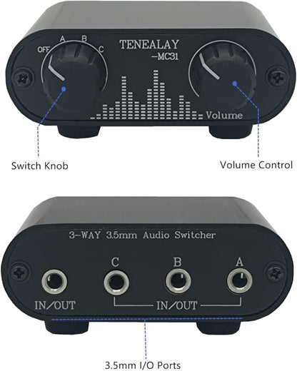 3.5mm Audio Switch with line Volume Controller, 3 in 1 Out 1/8" aux switcher - Image 2