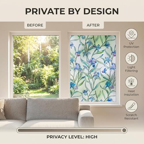Coavas 3D Stained Glass Privacy Window Film, Static Cling, Blue 17.5"x39.4" | UV & Heat Blocking, Reusable No Adhesive, 3D Floral Pattern for Bathroom Kitchen Front Door Windows