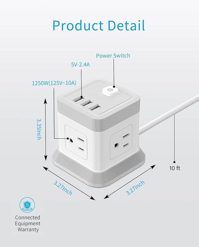Power Strip with USB C, FDTEK Desktop Power Cube Strip, 10 FT Extension Cord - Image 7