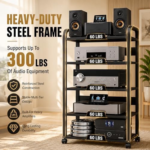 5 tier av media stand with wheels, 39in, package contents