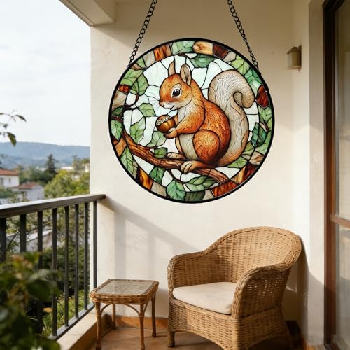 DASTOLL Stained Glass Window Hanging, Squirrel on a Branch Suncatcher Diamond Glass Panel Animal Sun Catchers Decor for Birthday for Women, Men, Wife, Aunt, and Mom 14.9x14.9 in