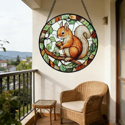 DASTOLL Stained Glass Window Hanging, Squirrel on a Branch Suncatcher Diamond Glass Panel Animal Sun Catchers Decor for Birthday for Women, Men, Wife, Aunt, and Mom 14.9x14.9 in