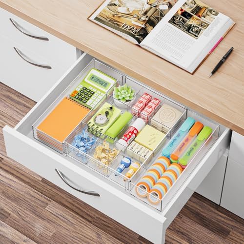 marbrasse expandable desk drawer organizer, clear plastic drawer, front angle view