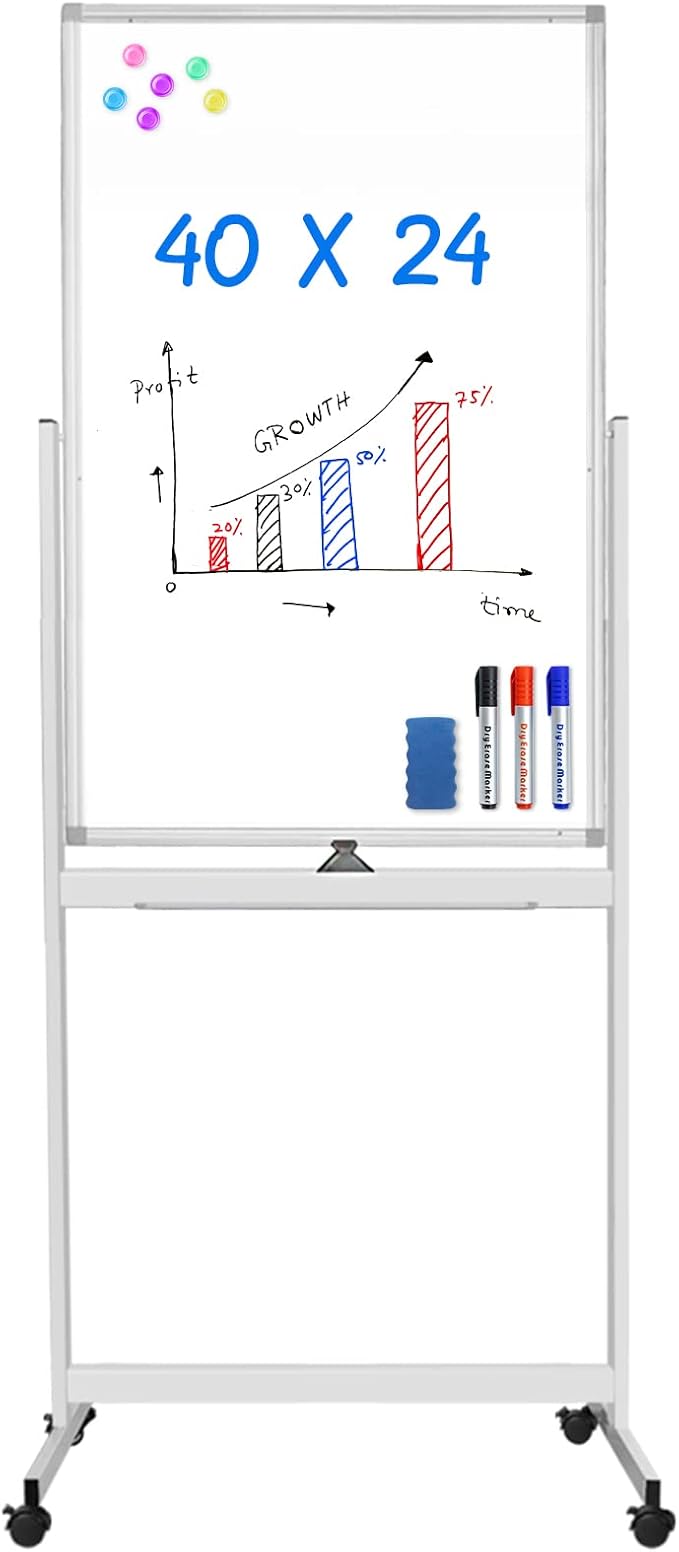 Magnetic Mobile White Board, 40 x 24 Double Sided Dry Erase Board Rolling by Maxtek