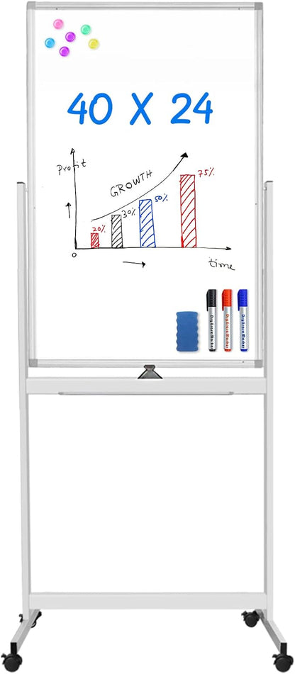 Magnetic Mobile White Board, 40 x 24 Double Sided Dry Erase Board Rolling by Maxtek