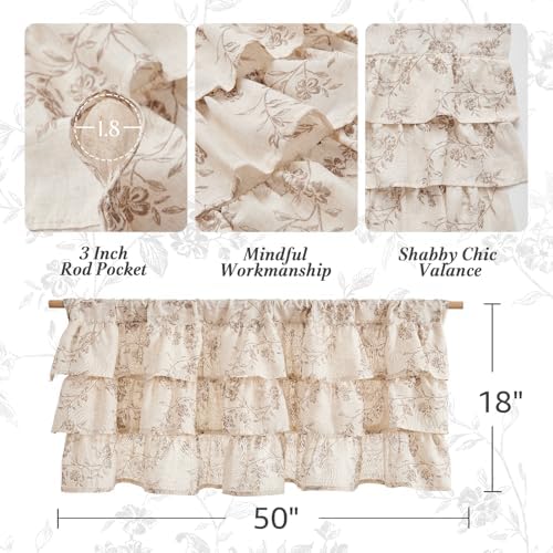 jinchan Alisa Ruffled Floral Valance Curtain 18 Inch 1 Panel Taupe on Linen | Linen blend, light filtering, rod pocket, shabby chic, farmhouse rustic, window treatment for kitchen bedroom living room