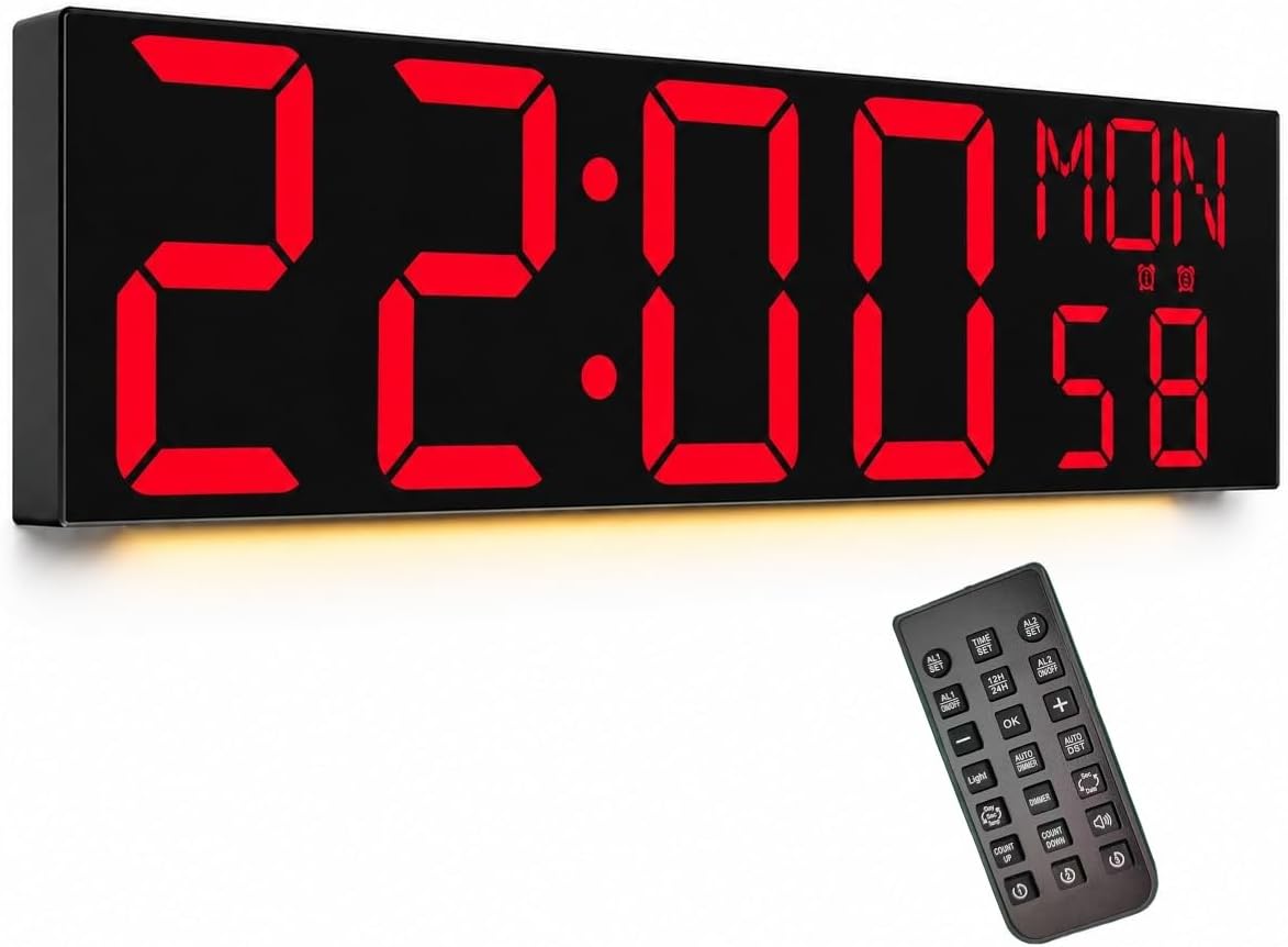 JALL 30" Giant Digital Wall Clock, Extra Large LED Clock with Remote, Huge Wall Clock with Jumbo Numbers for Living Room, Gym & Church, Black Housing with Red Digits, Red