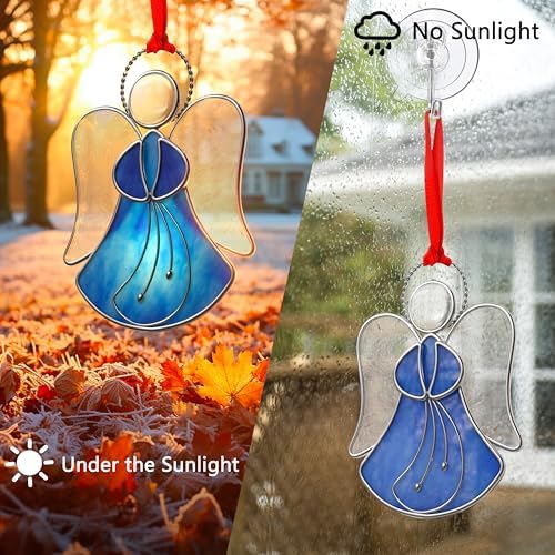 Blue Angel Stained Glass Sun Catcher for Windows Hangings | Personalized Sun Catchers Ornamen,Glass & Metal,Gifts for Mom Grandma Friend Teacher Birthday Christmas Holiday Decor