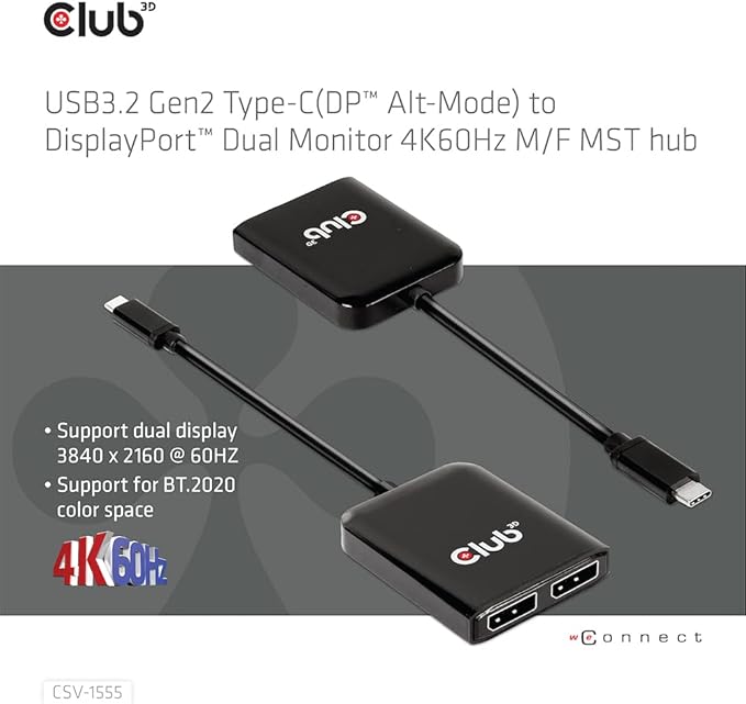 Club 3D CSV-1555 USB3.2 Gen2 Type-C to DisplayPort Dual Monitor 4K60Hz M/F MST - Image 6