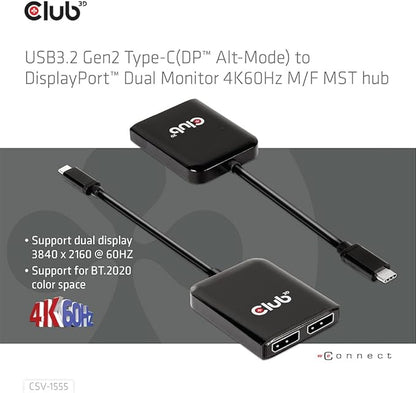 Club 3D CSV-1555 USB3.2 Gen2 Type-C to DisplayPort Dual Monitor 4K60Hz M/F MST - Image 6