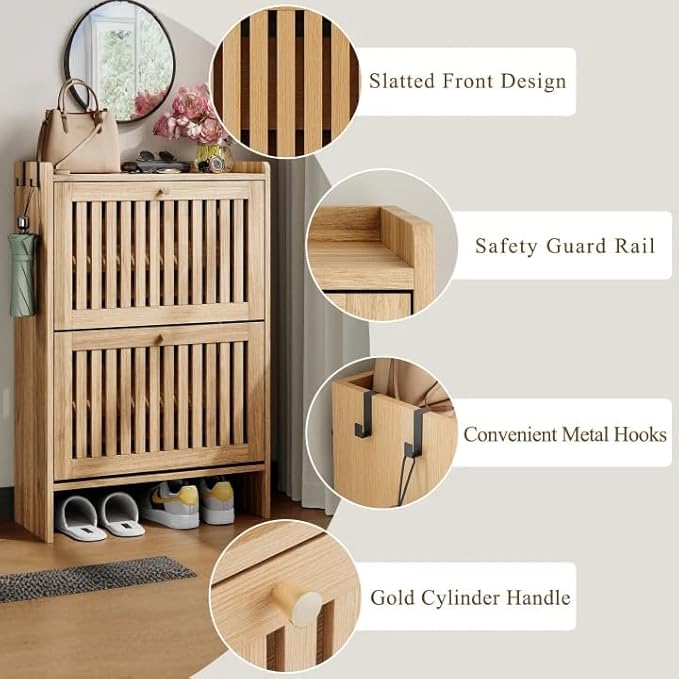 wanan 24" Shoe Cabinet with 2 Flip Slatted Drawers, Adjustable & Removable - Image 5