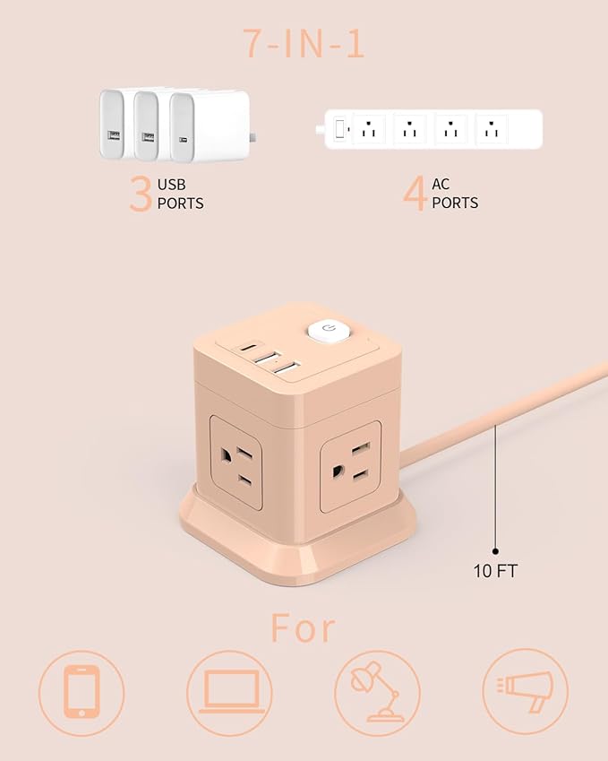 Cube Power Strip, FDTEK 4 Widely Spaced Outlet - 10FT Pink - Image 2